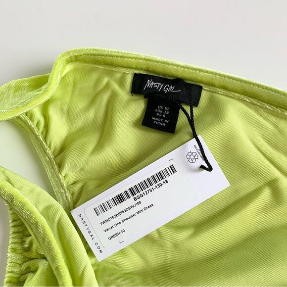 Nasty Gal Lime Green Velvet Ruched Side One Shoulder Bodycon Mini Dress Size 6 - Picture 4 of 9